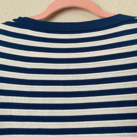 Theory Sweater Womens Small White Blue Striped Crewneck Cotton Knit Preppy - Picture 7 of 11